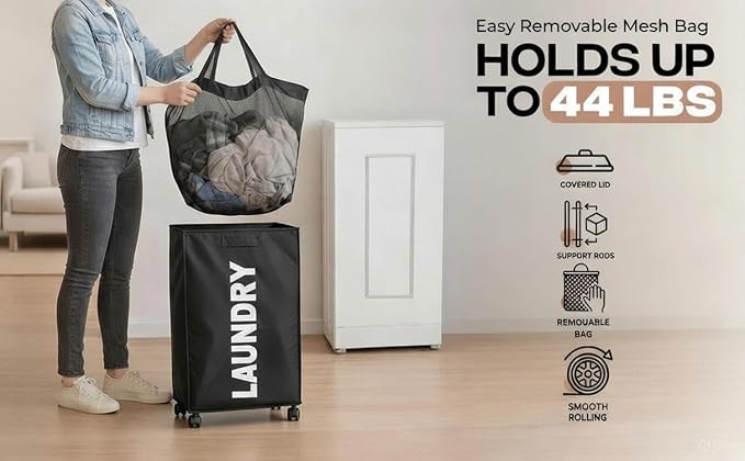75L – Lockable Wheels Laundry Basket – Support Rods & Box Base – Tall Slim - Image 9