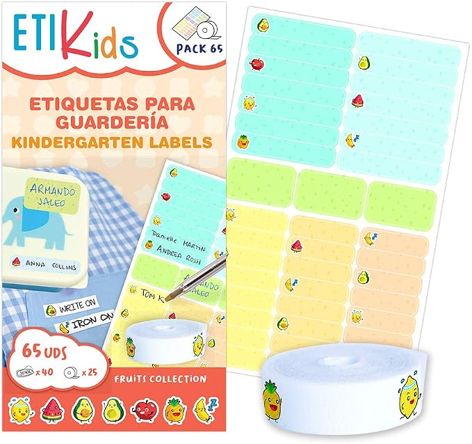 Funny Pack Fruits: 40 Adhesive Labels + 25 Thermal Adhesive Fabric Labels by ETIKIDS