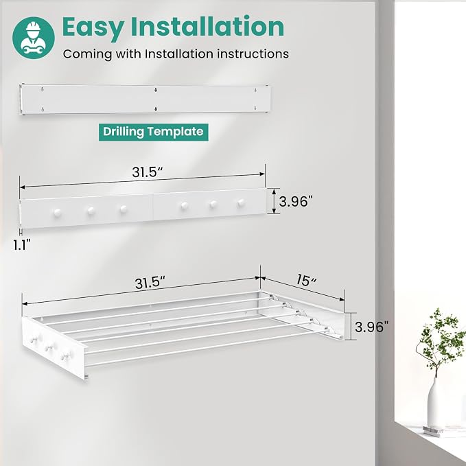 Upgrade 6 Knob Wall Mounted Clothes Drying Rack, Foldable Collapsible, Clothing - Image 5