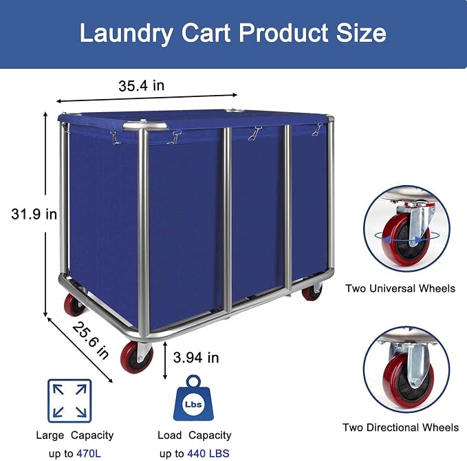 Commercial Laundry Cart with Wheels, 470L Industrial Rolling Laundry Basket - Image 2