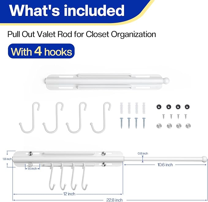 12 inch Valet Rod for Closet Pull Out, Heavy Duty Closet Valet Rods Slide Out - Image 2