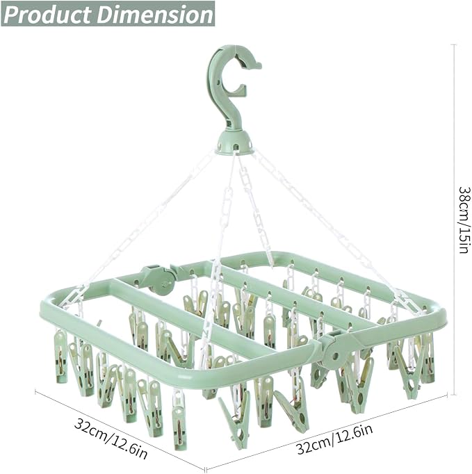 Clothes Drying Rack with 32 Clips, Foldable Hanging Rack, 360° Rotatable Hook - Image 2