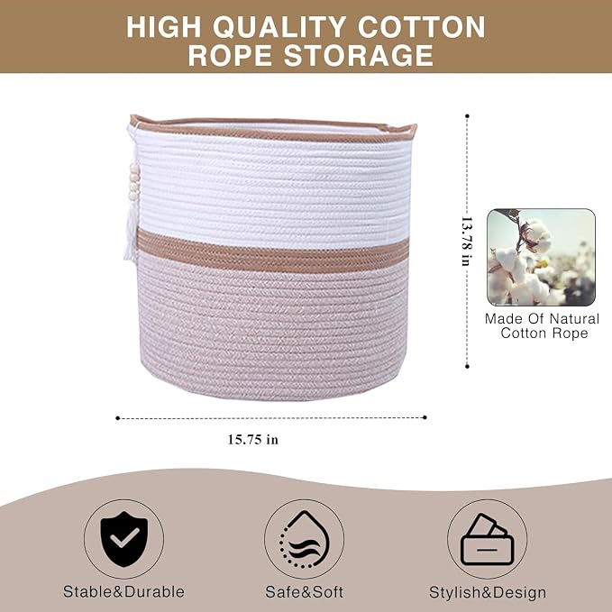 Large Woven Rope Laundry Hamper, Cotton Rope Storage Basket - Image 6