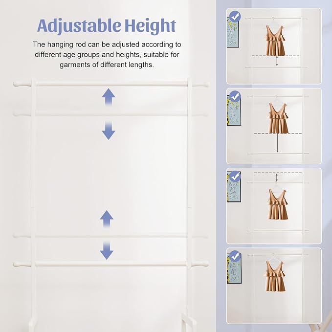 Kids Clothing Rack Bamboo with 2 Storage Baskets and 2 Adjustable Hanging Rods - Image 2