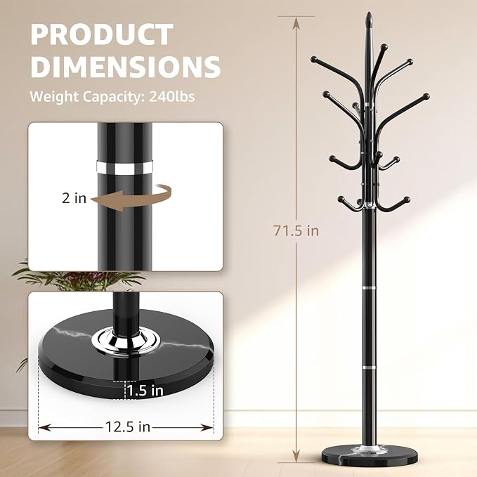 Heavy Duty Coat Rack with Marble Base, Freestanding Hall Coat Tree with 12 - Image 5