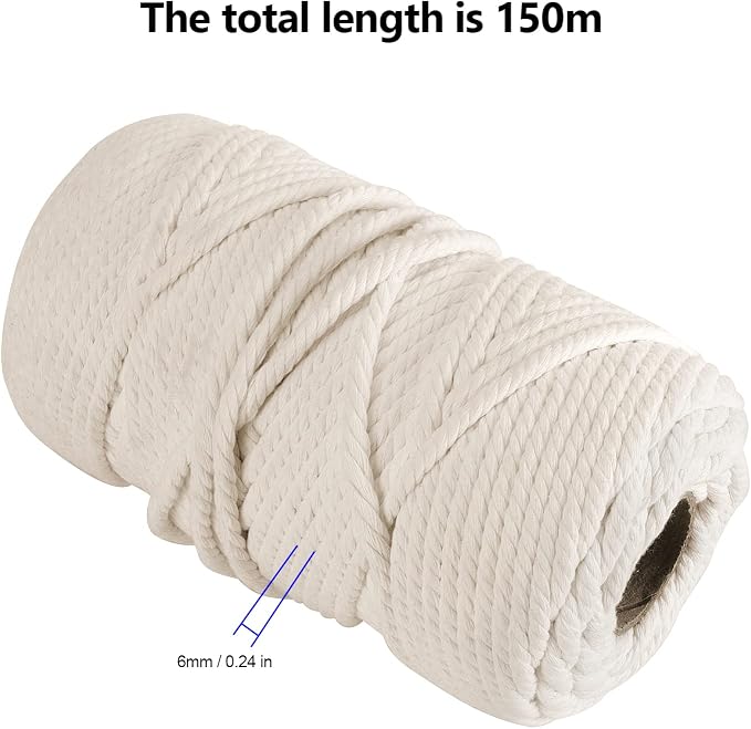 FUNSUEI Natural Macrame Cord 6 mm x 500Ft, 4 Strand Twisted Soft Cotton Cord - Image 2