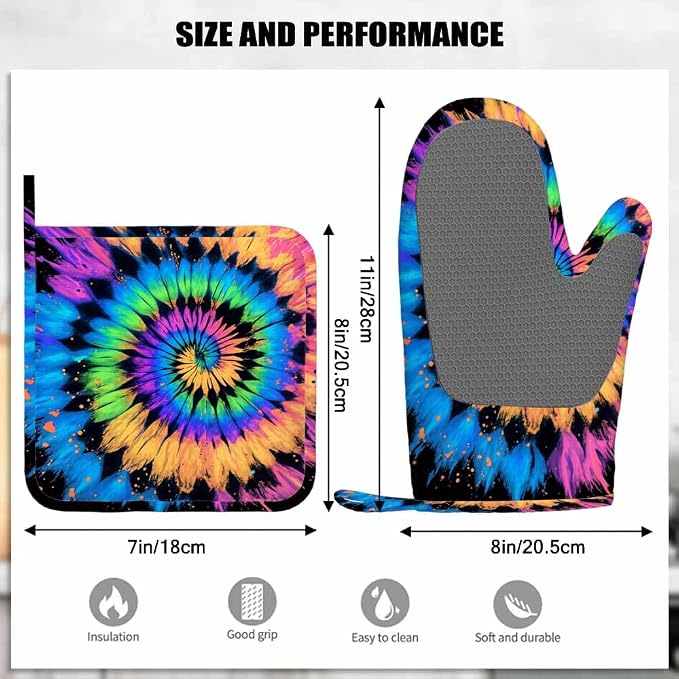 Mxocom Tie Dye Heat-Resistant Oven Mitts and Pot Holder Hand Drawn Rainbow - Image 3