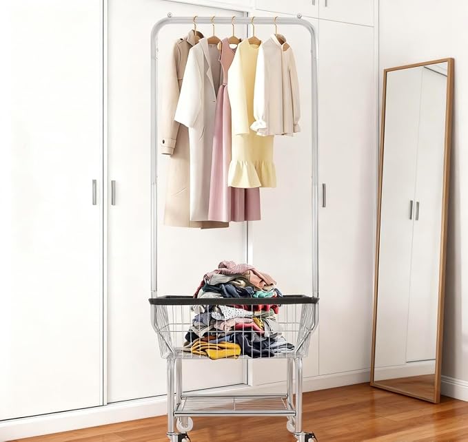 Laundry Cart with Hanging Rack 4-Bushel Rolling Laundry Hamper Basket Cart - Image 4