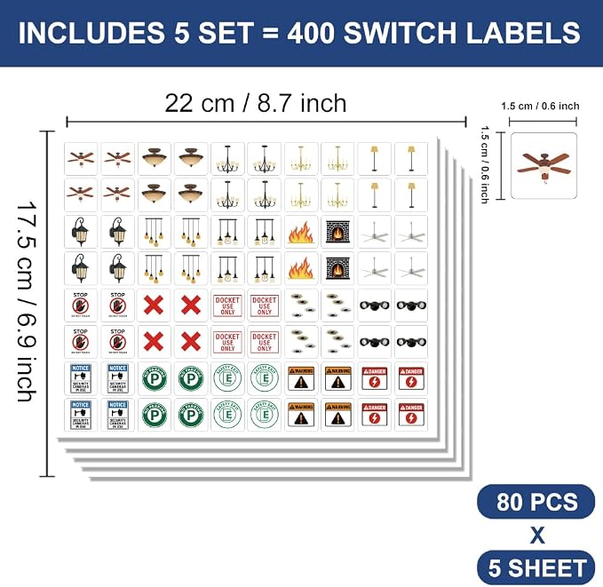 Pack of 400 Light Switch Sticker Labels, 21 Designs Transparent Switch ID - Image 2