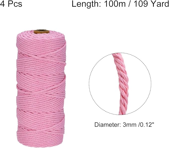 MECCANIXITY 4 Pcs Cotton Rope 4 Strand Twisted Braided Rope Cord, Hot Pink - Image 2