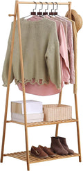 Bamboo Clothing Rack with Top Hanging Garment Rod, 2 Side Hooks & Bottom 2-Tier by SHUOXIANG