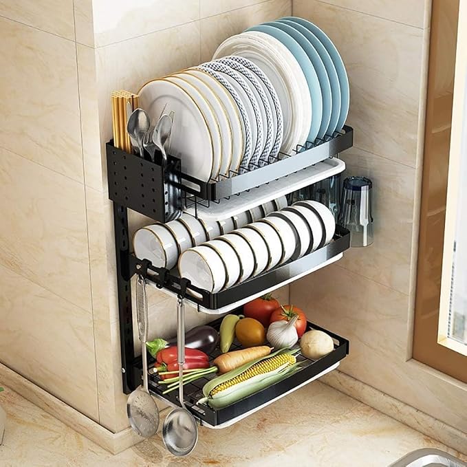 3 Tier Black 201 Stainless Steel Kitchen Wall-Mounted Dish Drying Rack Drain - Image 5