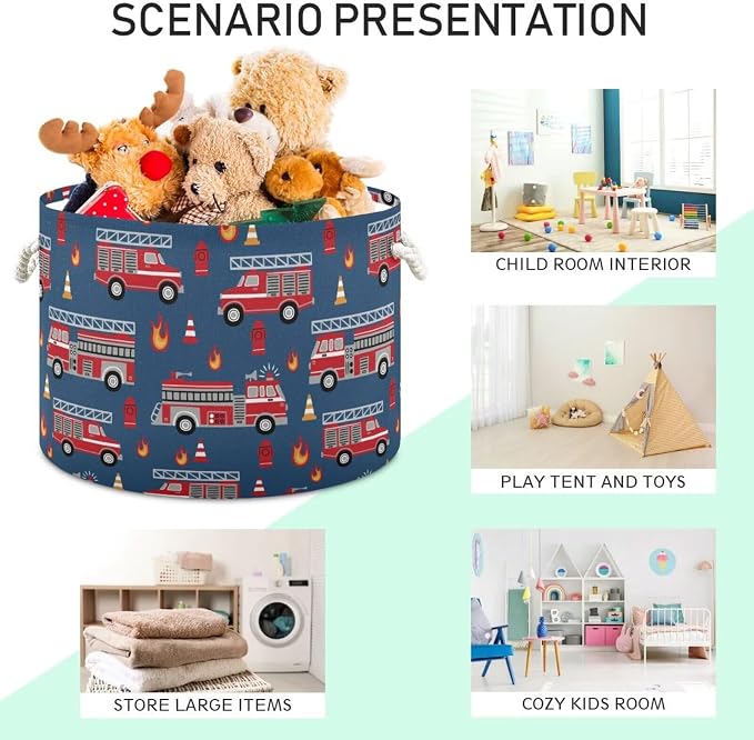 Fire Trucks Print Round Storage Basket Red Fire Fighting Supplies Large Laundry - Image 3