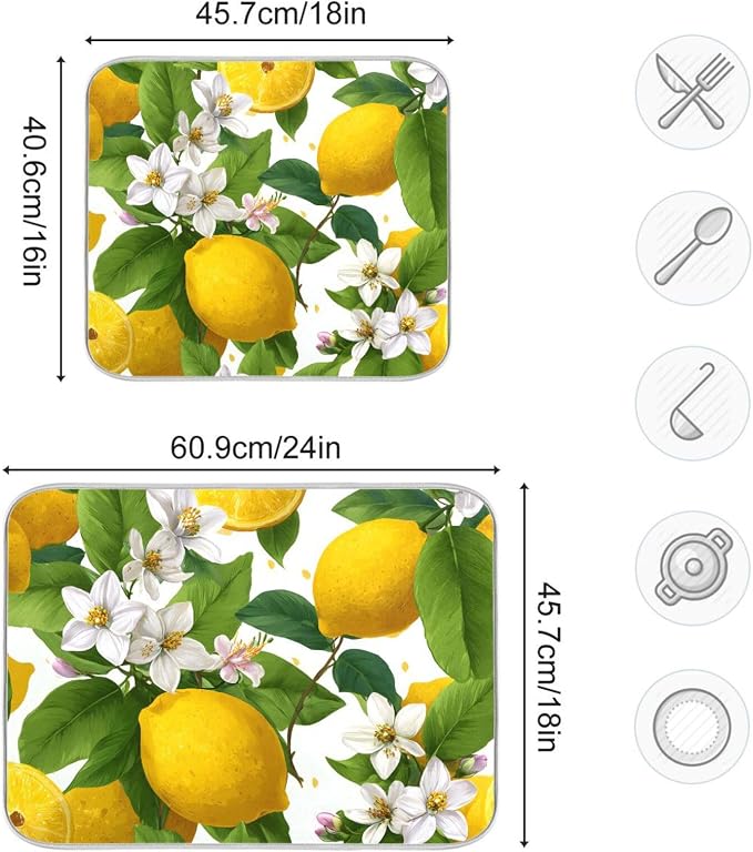 Yellow Lemon and White Flower Dish Drying Mat Super Absorbent Drying Mat 18x24 - Image 3