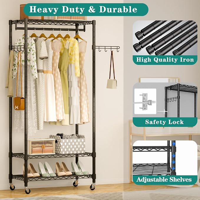 Heavy Duty Rolling Garment Rack, 3 Tiers Wire Shelves Adjustable Freestanding - Image 2