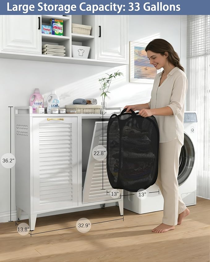 Double Tilt Out Laundry Hamper Cabinet, Locking Caster Metal Frame, Waterproof - Image 2