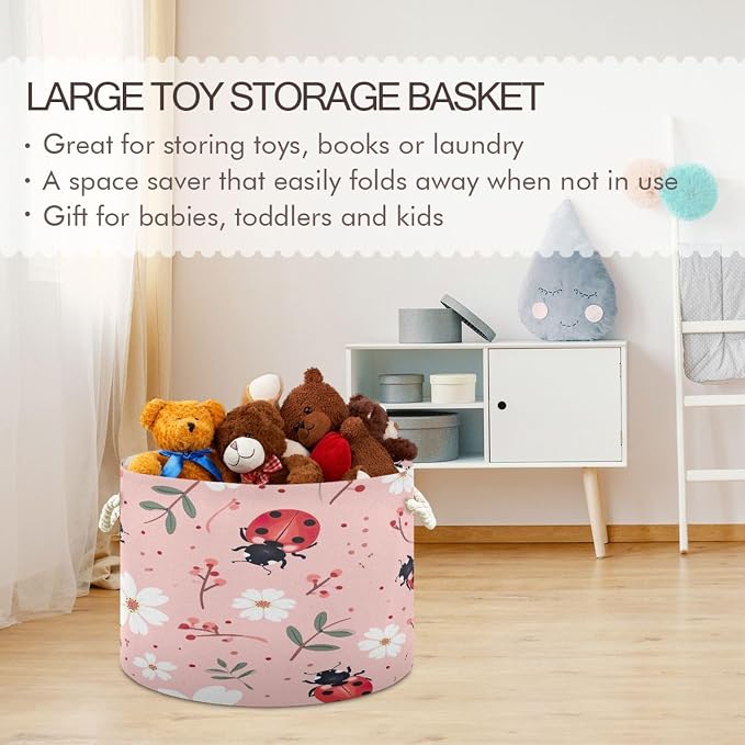Lady Bugs on Pink Laundry Basket Extra Large Storage Basket 20" x 14" Blanket - Image 5