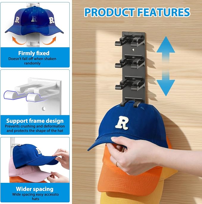 2 Pack Hat Organizer for Baseball Caps, Hat Rack for Wall Hold Up to 16 Hats - Image 3