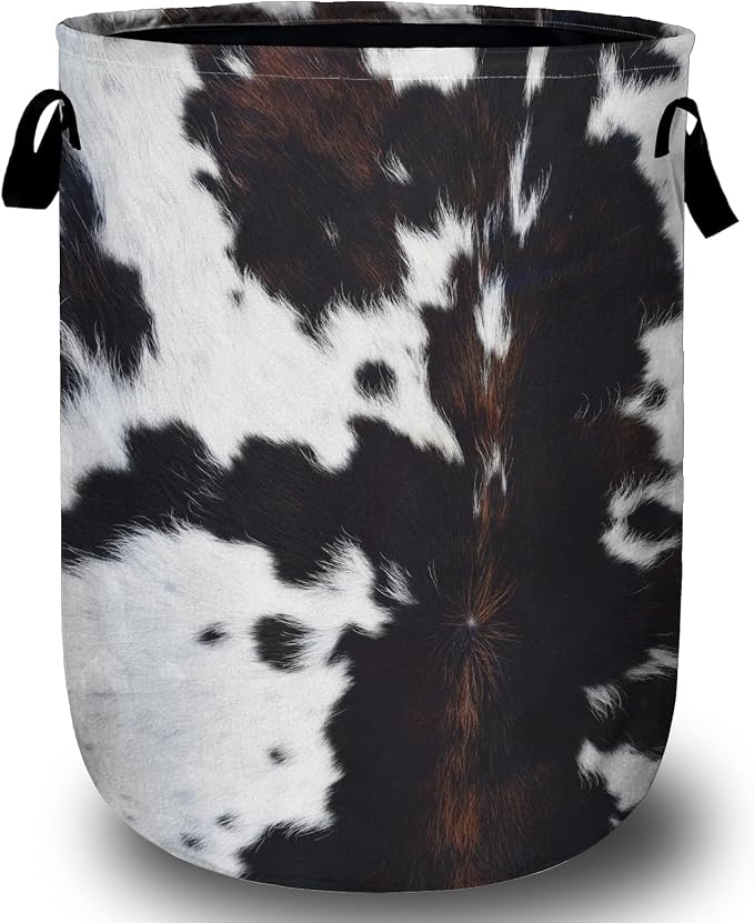 Brown Cowhide Laundry Basket, Cowskin Print Laundry Hamper Tote Bag Dirty by Unknown