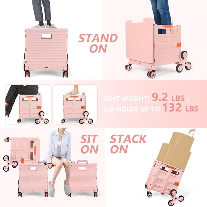 Foldable Utility Cart with Stair Climbing Wheels, Collapsible Rolling Crate - Image 2