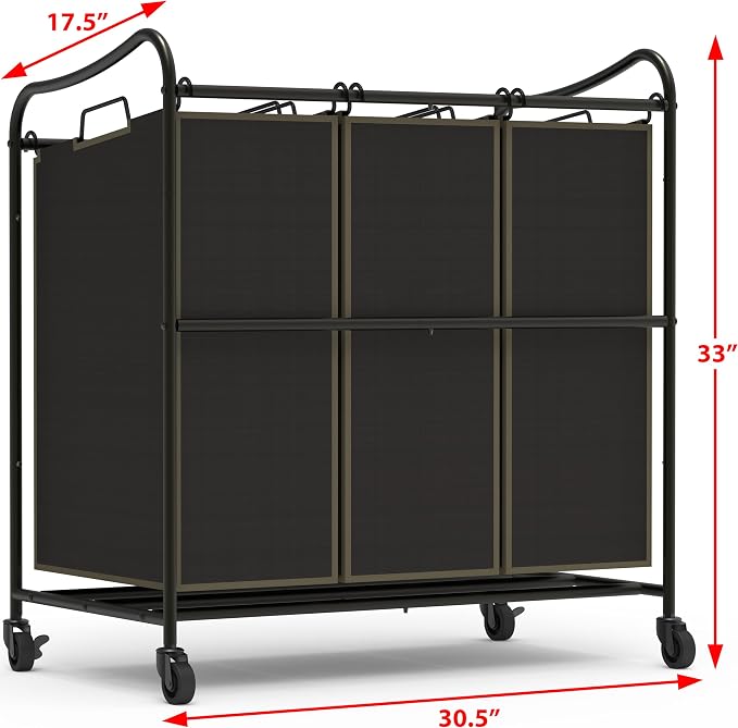 Simple Houseware Heavy Duty 3-Bag Laundry Sorter Rolling Cart - Image 2