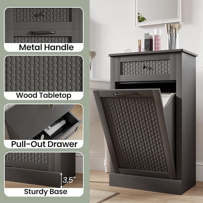 Double Tilt Out Laundry Hamper Cabinet, Rattan-Style Laundry Room Organization - Image 8
