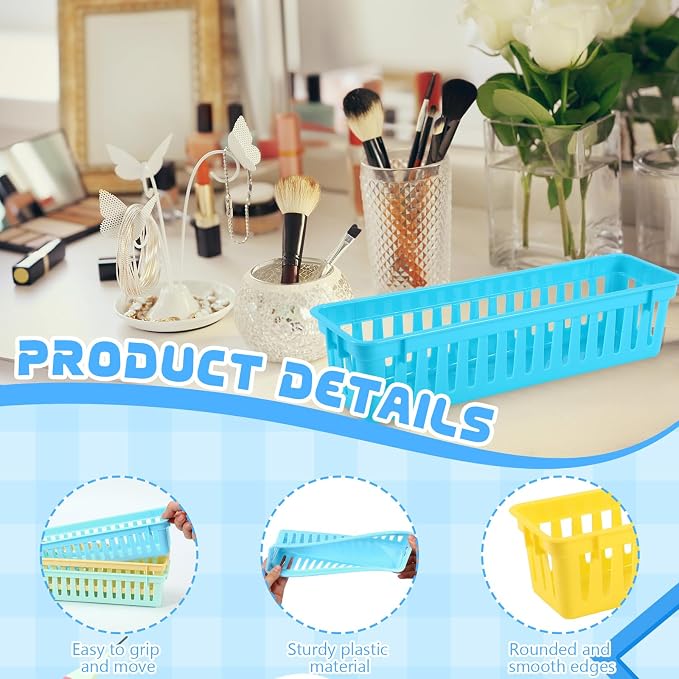 12 Pcs Colorful Slim Plastic Storage Baskets Tray 10 x 3 x 2.5 Inch Compact - Image 3