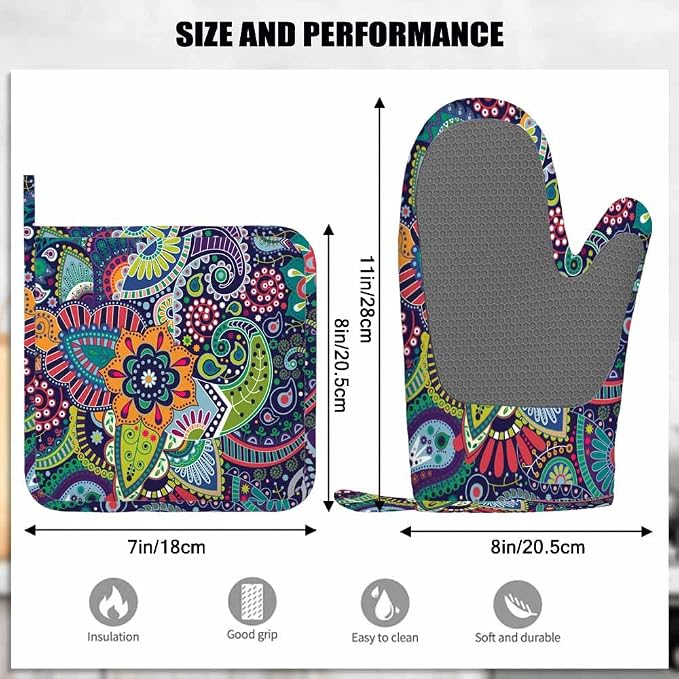 Mxocom Paisley Stylized Flowers Oven Mitts and Pot Holders Sets Mandala Boho - Image 3