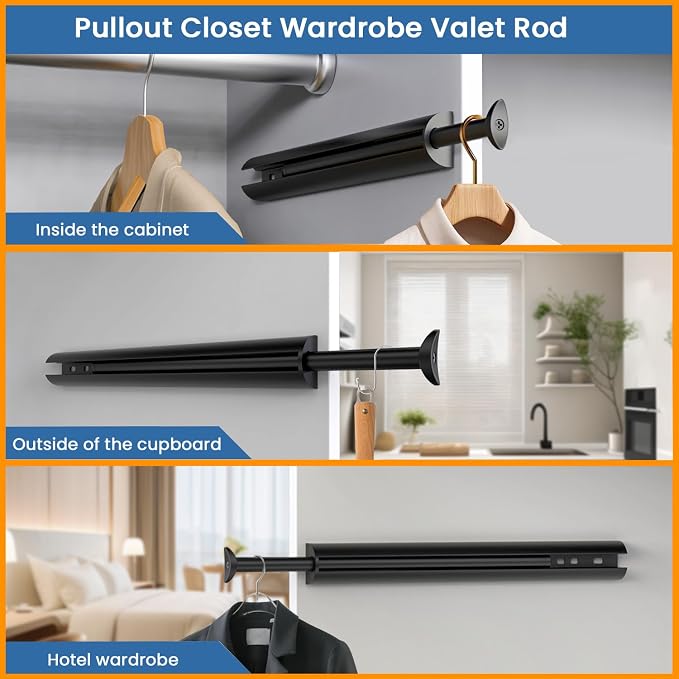 Valet Rod 14-Inch, Pull-Out Closet Clothes Closet Hanging RodMetal Telescoping - Image 6