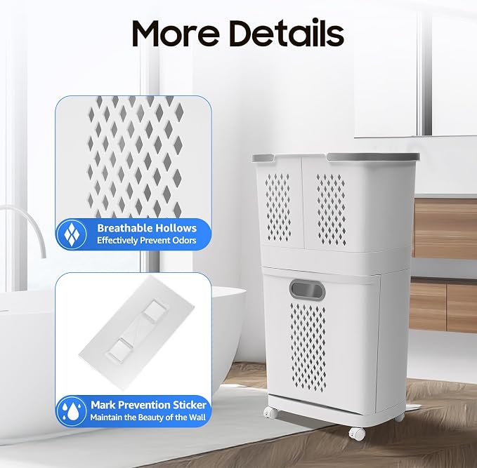 Movable Household Laundry Basket, 2 Tier Laundry Hamper Basket Sorter - Image 7