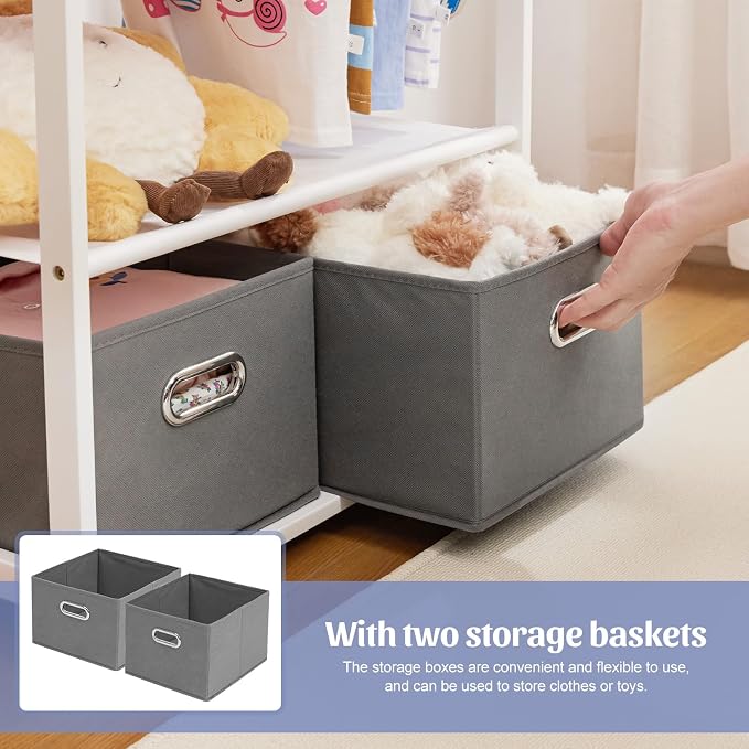 Kids Clothing Rack Bamboo with 2 Storage Baskets and 2 Adjustable Hanging Rods - Image 4