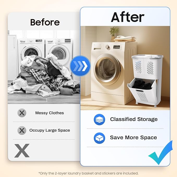 2 Tier Laundry Basket with Wheels & Handle, Stackable & Removable Laundry - Image 9