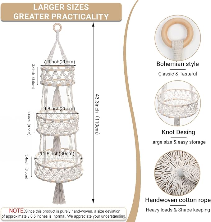 3 Tier Hanging Fruit Baskets for Kitchen, Macrame Plant Hanger Cotton Rope - Image 2
