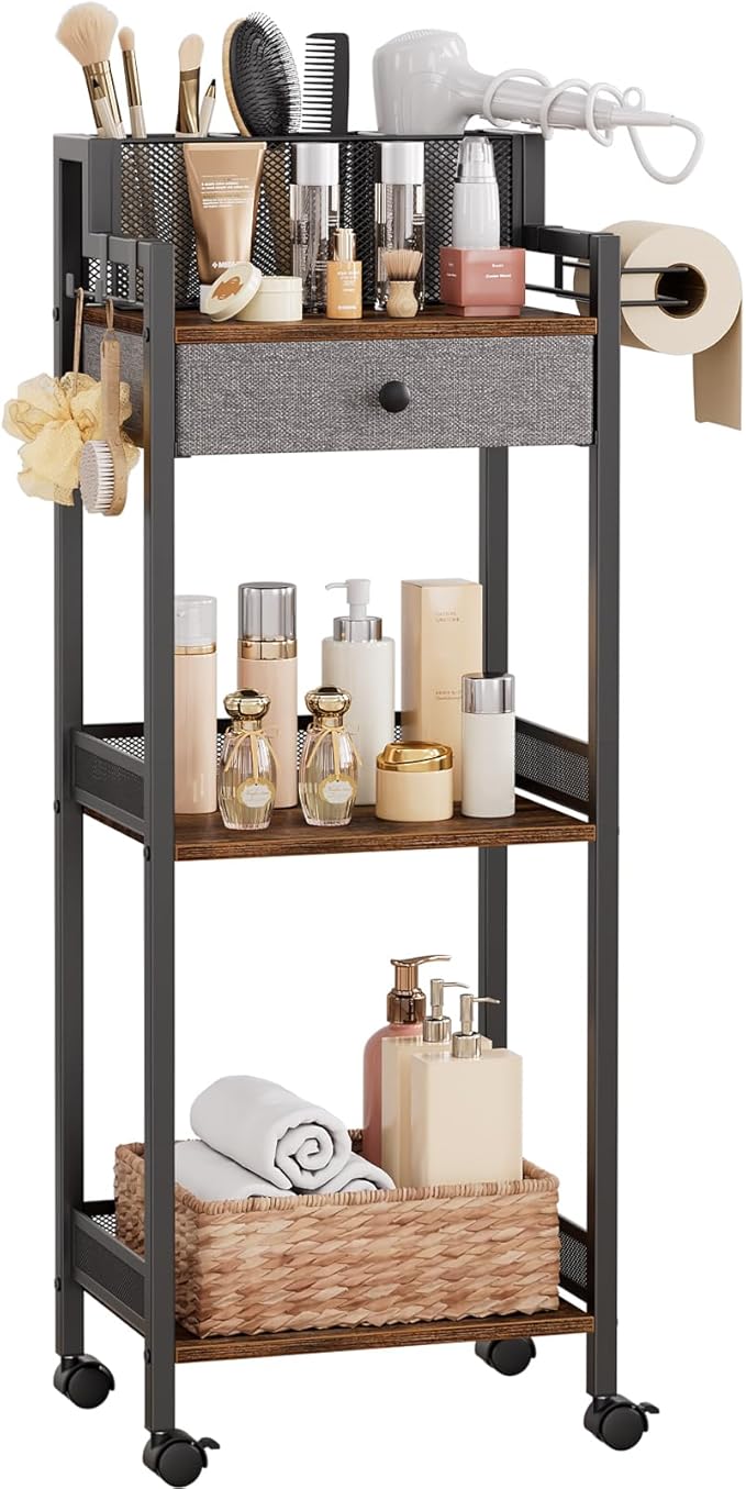 Bathroom Shelves with Drawer, 3 Tier Metal Rolling Standing Unit Storage by HomeLivingStorageOrganizer