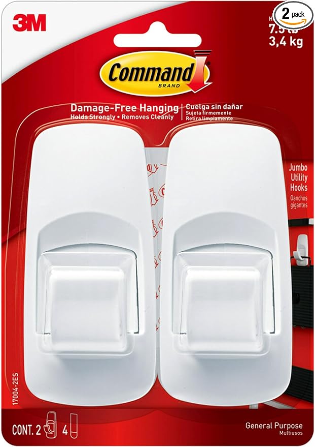 Command 7.5 lb Jumbo Utility Hook, 2 Hooks and 4 Strips, Damage Free Hanging by Command