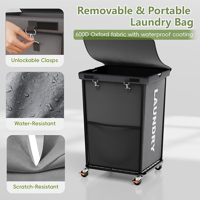 150L Laundry Basket with Wheels, Rolling Laundry Hamper with Cloth Cover - Image 5