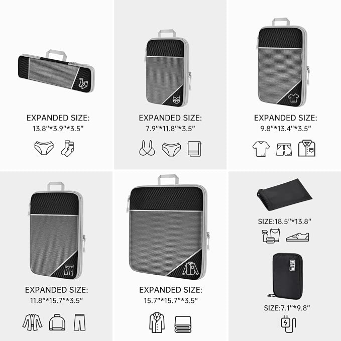 NiHome 7PCS Compression Packing Cube Set Expandable Mesh Travel Bag Luggage - Image 4