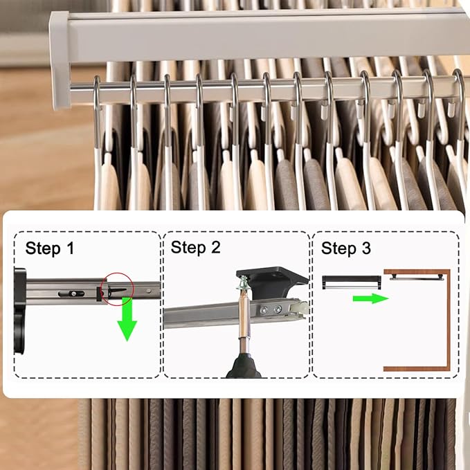 Pull Out Closet Valet Rod, Adjustable Sliding Heavy Duty Steel Top Mounted - Image 7