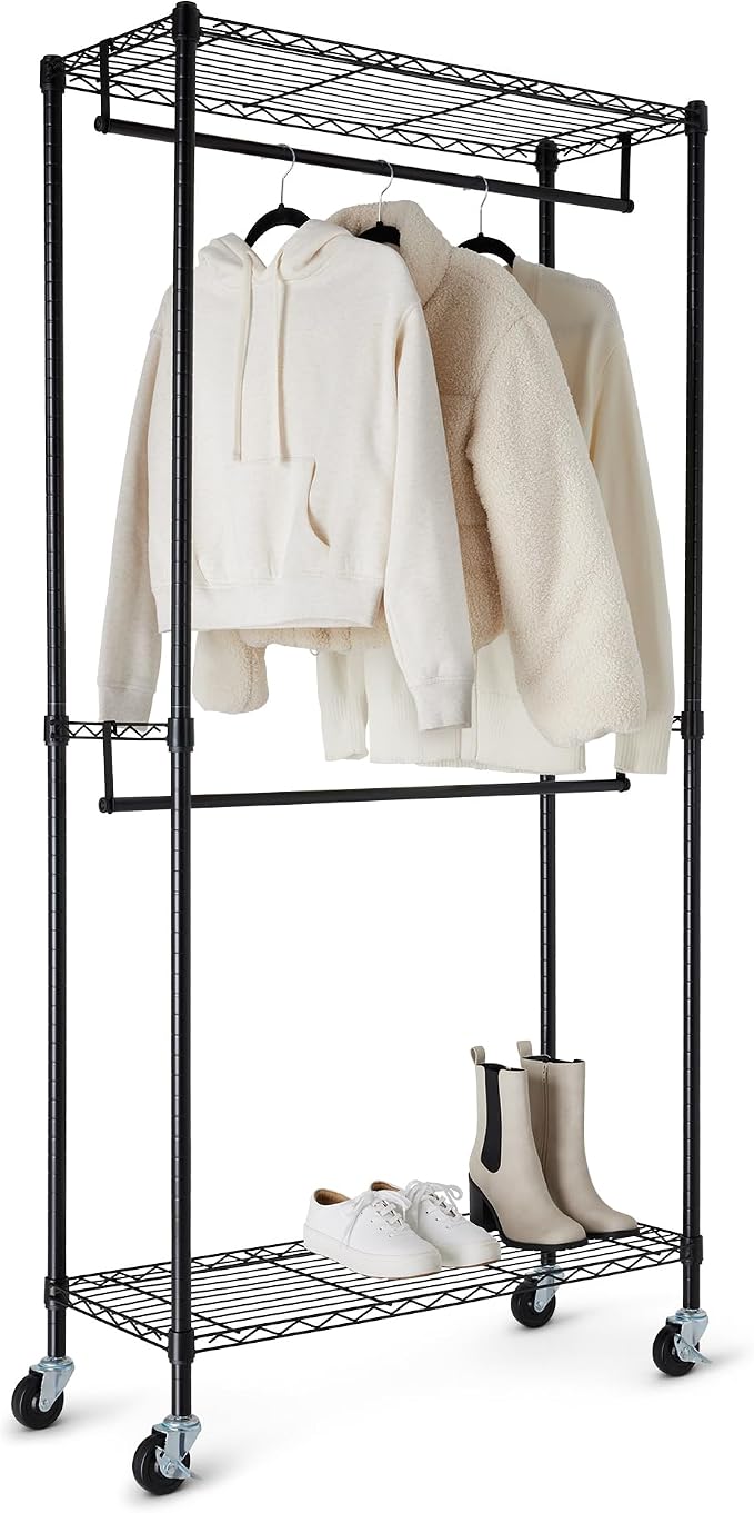 Amazon Basics Adjustable Double Rod Rolling Garment Rack, Hanging Clothes by AmazonBasics
