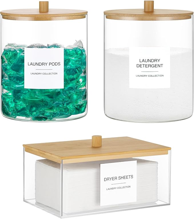 Glass Jars and Acrylic Dryer Sheet Holder, Laundry Pods Container by TIPGO