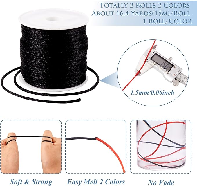 32.8 Yards 1.5mm Nylon Satin Cord Rat Tail String Red Black Beading Trim Cord - Image 5