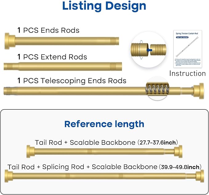 Tension Rod for Windows 28 to 48 Inch Spring Curtain Rods No Drilling 7/8" - Image 2