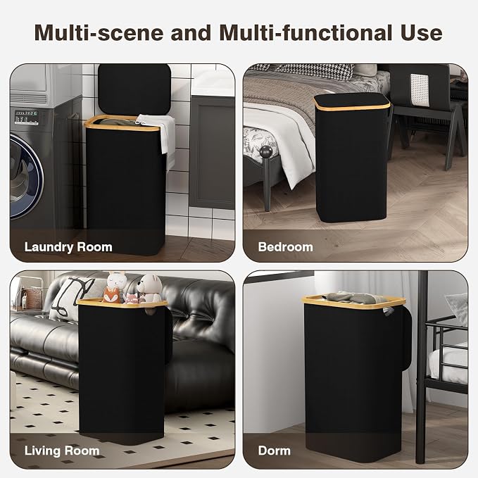 100L Laundry Hamper with Lid, Large Laundry Basket with Bamboo Handles - Image 8