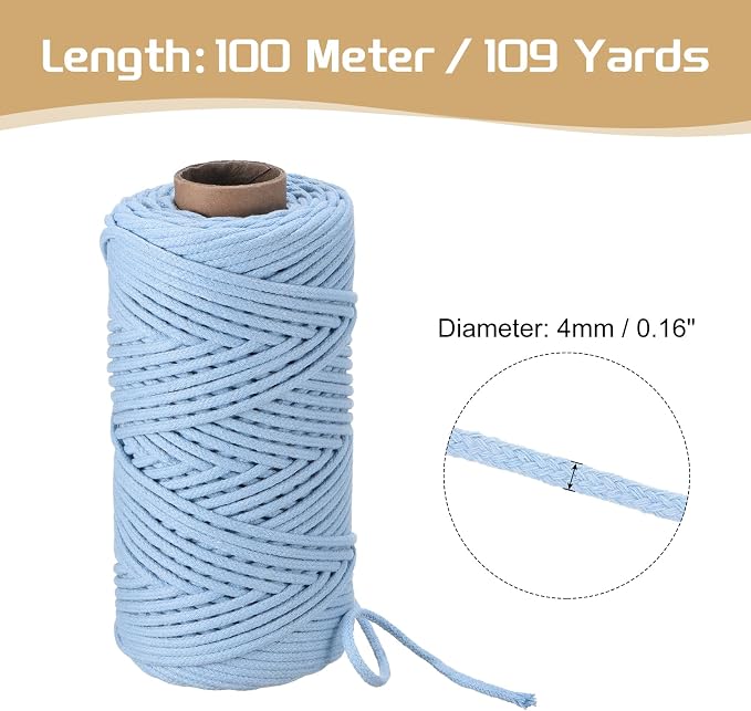 Rebower Macrame Cord 4mm x 109 Yard, Natural Cotton Macrame Rope Twisted - Image 2