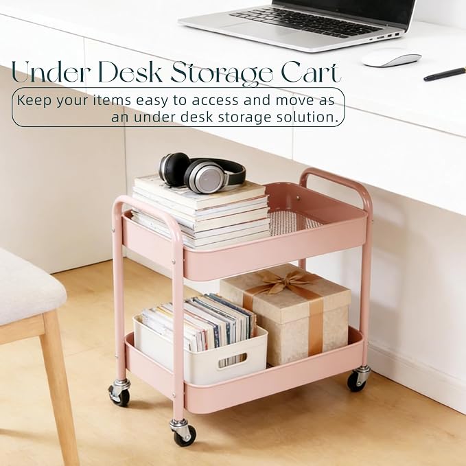 2 Tier Pink Rolling Cart with Wheels - Image 7