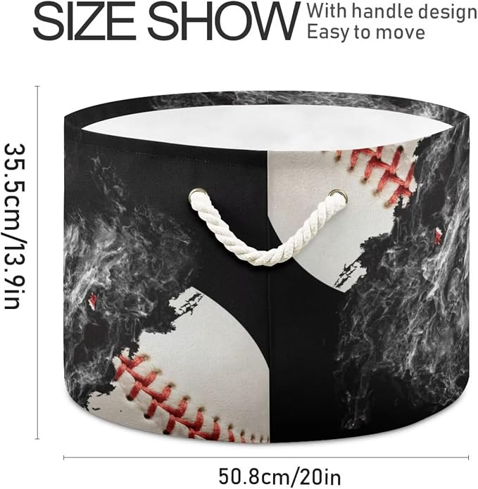 Baseball Print Round Storage Basket Sport Ball Large Laundry Hamper Baseball - Image 2