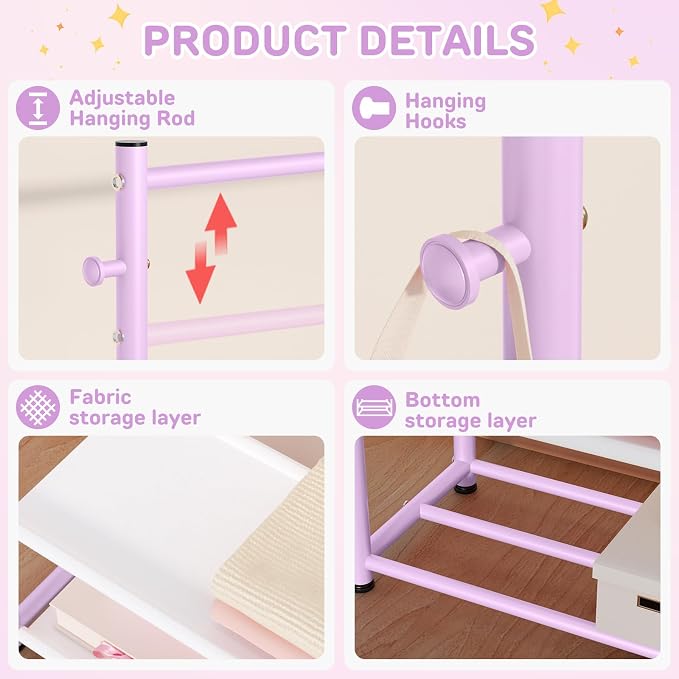 Kids Clothes Rack with 2 Tier Storage Racks and 2 Adjustable Hanging Poles - Image 5