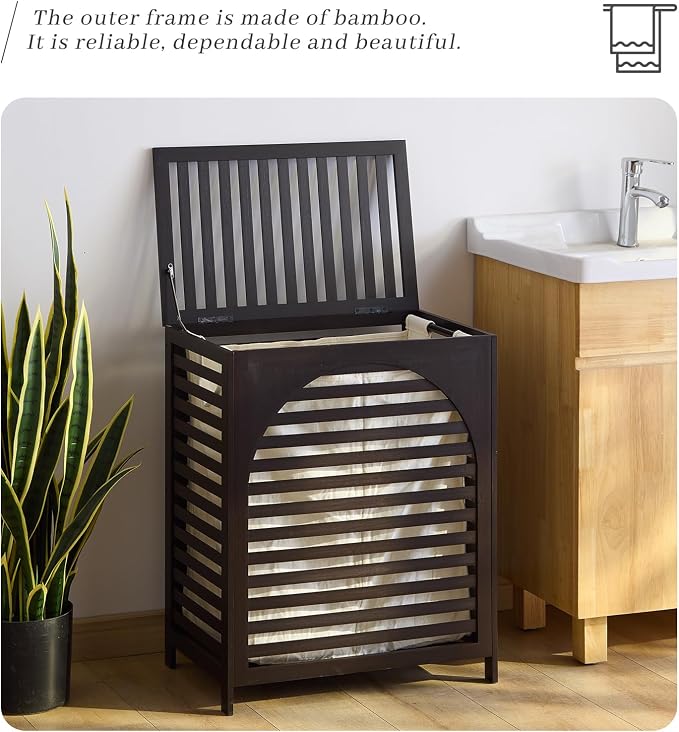Laundry Hamper with Lid, Bamboo Clothes Laundry Basket with Handles, Removable - Image 6