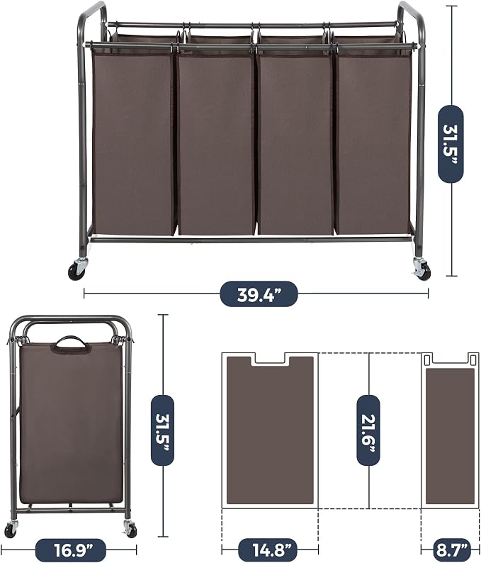 STO STO Laundry Sorter 4 Section, 4 Bag Clothes Hamper, Rolling Laundry Cart - Image 6