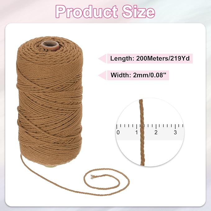 HARFINGTON Natural Macrame Cord 2mm x 220 Yards 3 Strand Twisted Cotton Macrame - Image 2